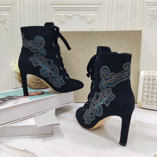 刺繍ラインストーンレディースショートブーツ