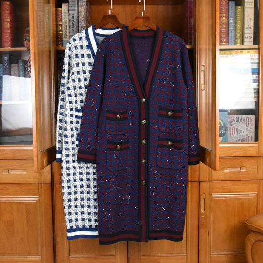 Women High quality V-neck plaid knitted coat