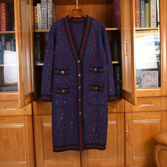 Women High quality V-neck plaid knitted coat