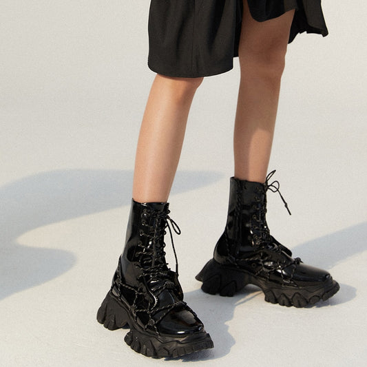レディース 反射レースアップ カジュアル アンクルブーツ 厚底
