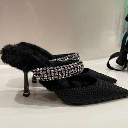 pointed high heels Baotou rhinestone half-supported hairy shoes