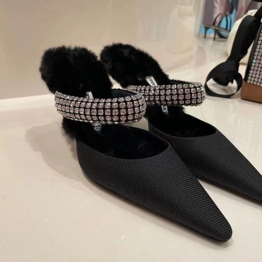 pointed high heels Baotou rhinestone half-supported hairy shoes