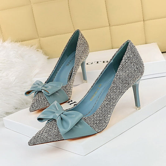 Women Knitted Pointed Toe Pumps Bow Design