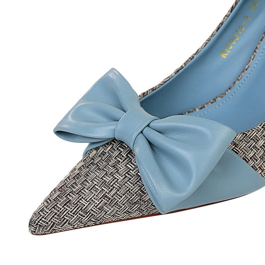 Women Knitted Pointed Toe Pumps Bow Design
