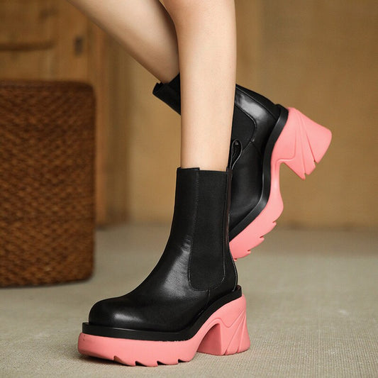 女性用新ミックスカラー本革アンクルブーツ