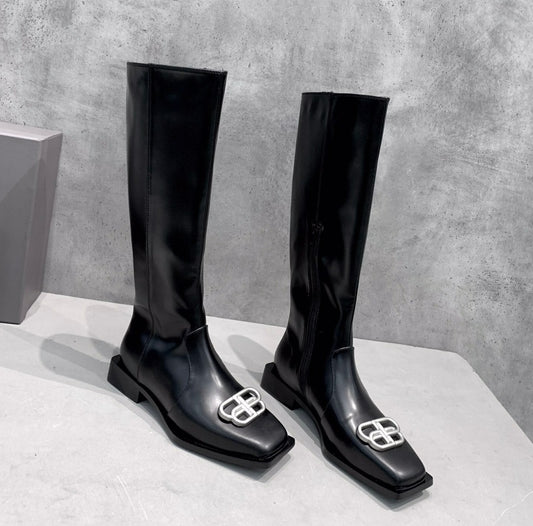 レディース ロングブーツ メタル装飾 スクエアトゥ プラットフォーム