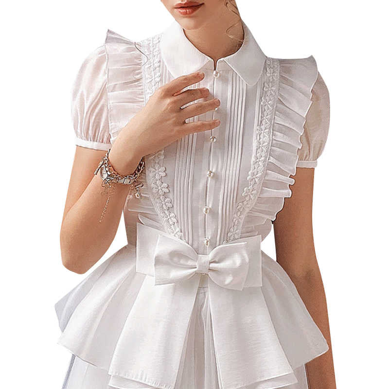 White Sweet Patchwork Bowknot Shirts For Women Lapel Puff Elegant Blouses