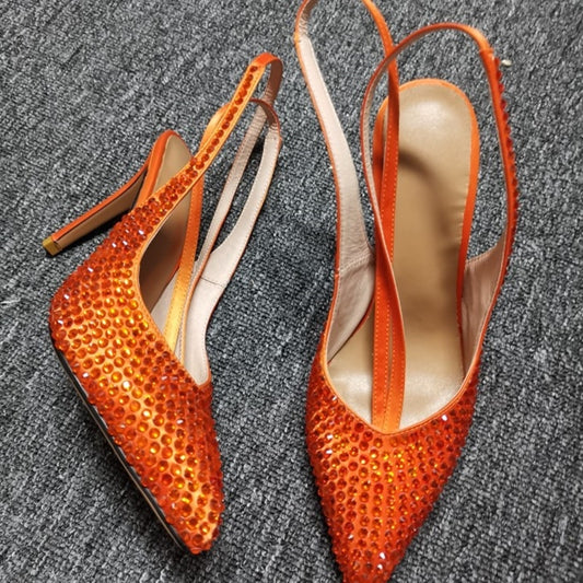 Orange Rhinestone High Heel Pumps Shinny Crystal Slingback Shoes