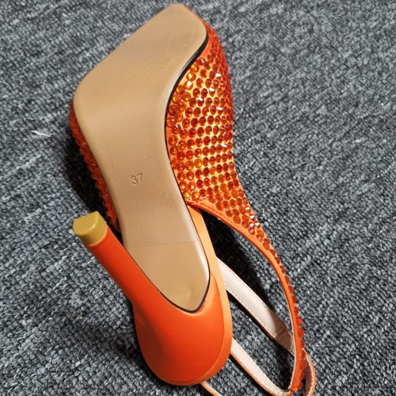 Orange Rhinestone High Heel Pumps Shinny Crystal Slingback Shoes