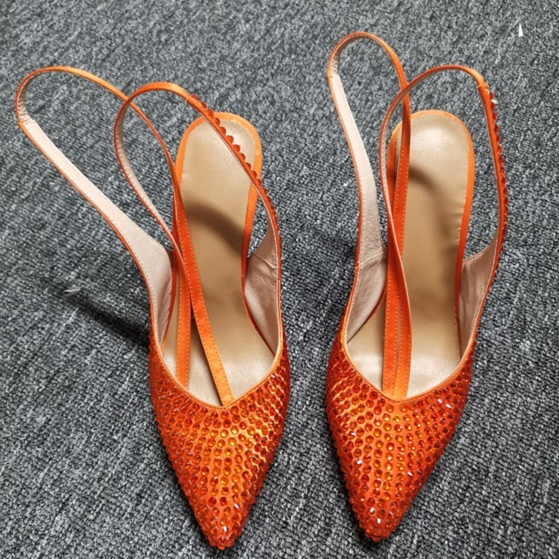 Orange Rhinestone High Heel Pumps Shinny Crystal Slingback Shoes