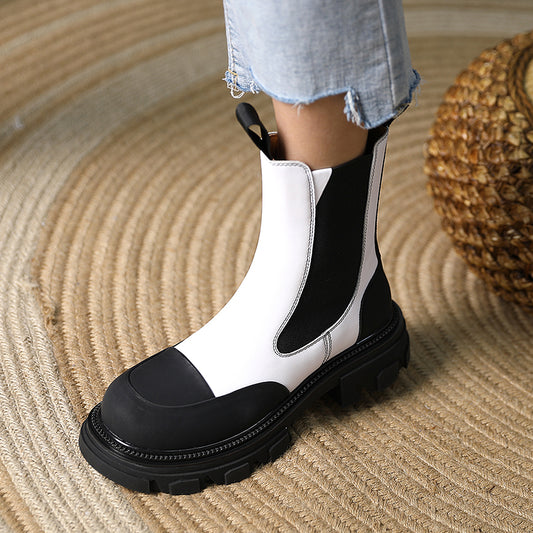 レディース本革スリッポンプラットフォームブーツ