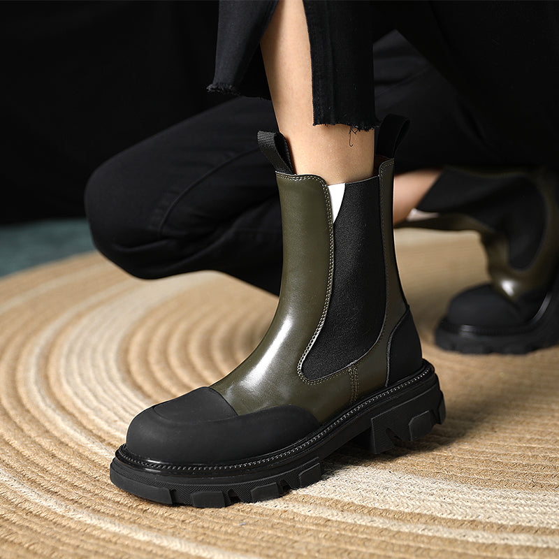 Women Genuine Leather Slip on Platform Booties