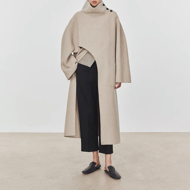 Women's Long Asymmetric Shawl Stand Collar Wool Long Coat
