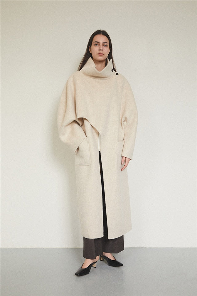 Women's Long Asymmetric Shawl Stand Collar Wool Long Coat