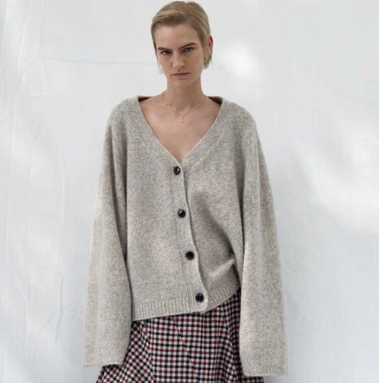 Vネックシングルボタンワイドスリーブカジュアルルーズ通気性ウールニットカーディガン