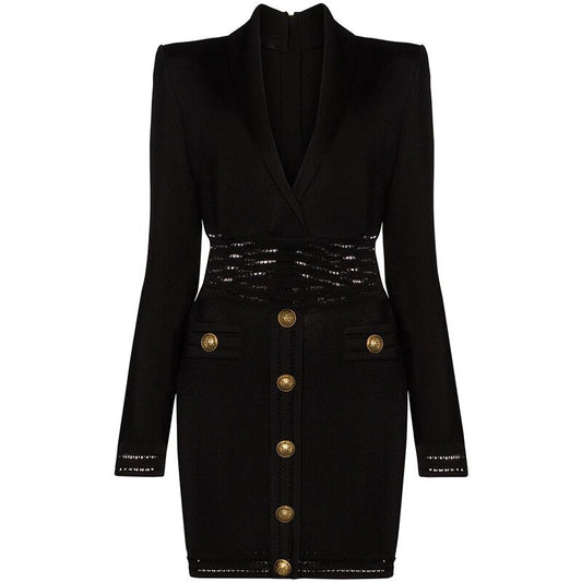 Vネック 気質 ライオンバックル スーツ ラペル ニット ヒップ ドレス