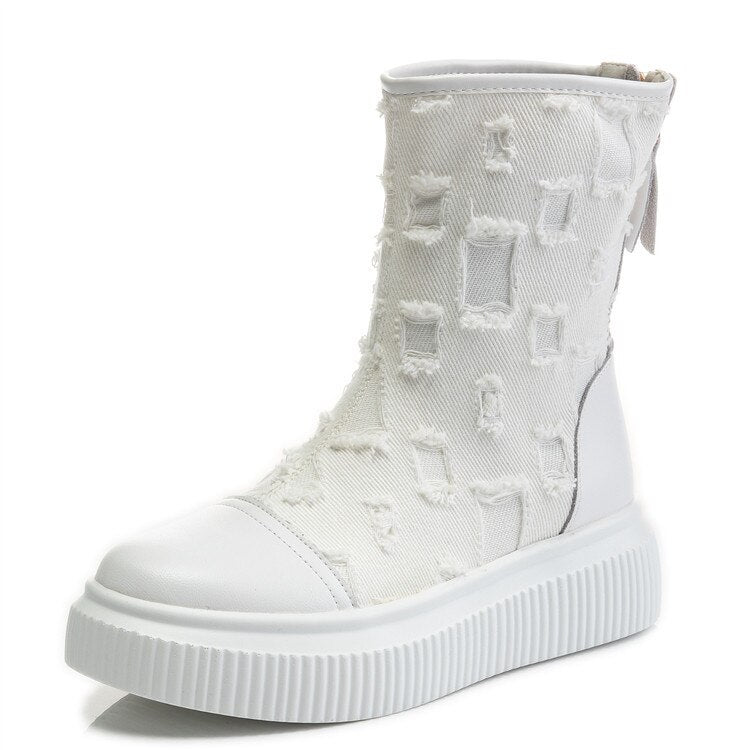 牛革厚底ブーツ キャンバス 通気性 レディースブーツ