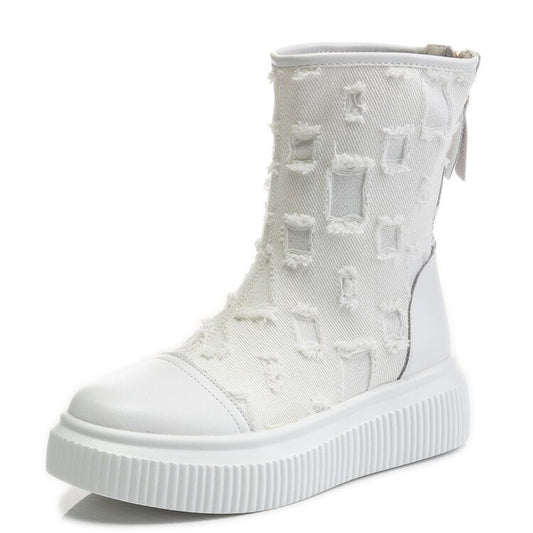 牛革厚底ブーツ キャンバス 通気性 レディースブーツ