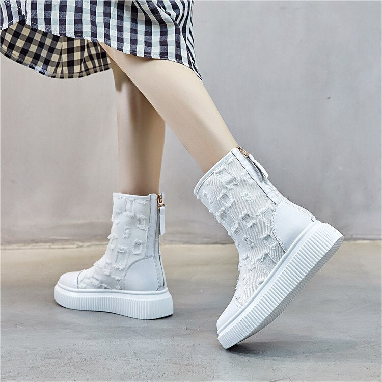 牛革厚底ブーツ キャンバス 通気性 レディースブーツ