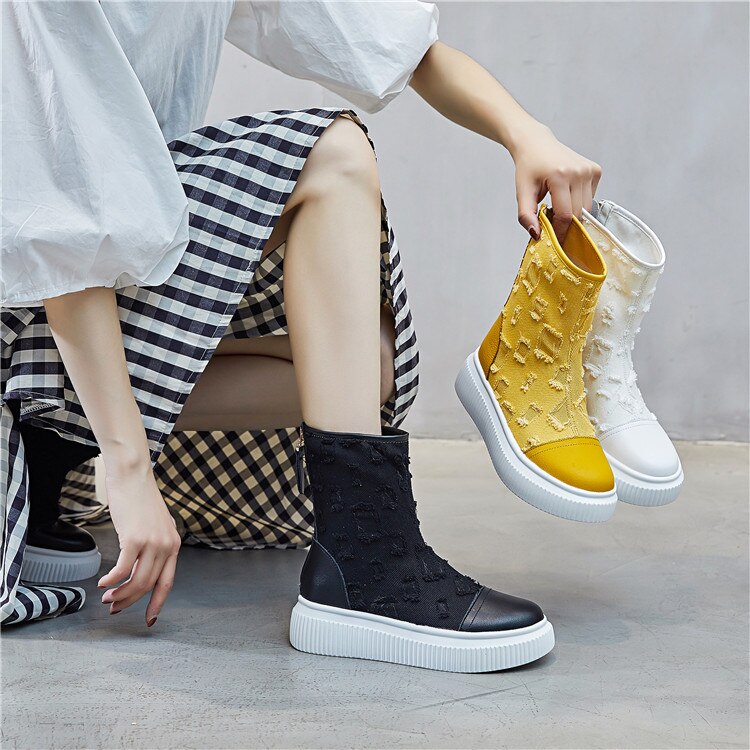 牛革厚底ブーツ キャンバス 通気性 レディースブーツ