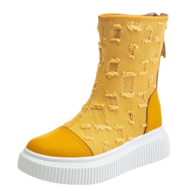 牛革厚底ブーツ キャンバス 通気性 レディースブーツ