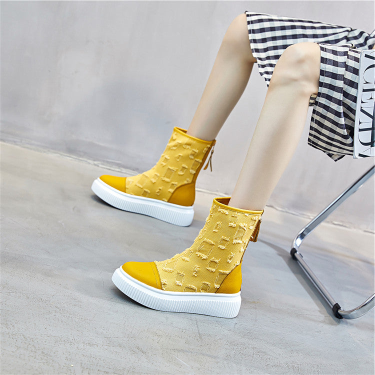 牛革厚底ブーツ キャンバス 通気性 レディースブーツ