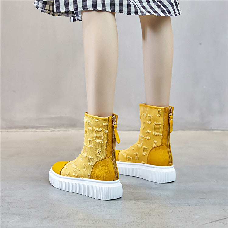 牛革厚底ブーツ キャンバス 通気性 レディースブーツ