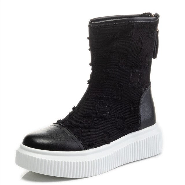 牛革厚底ブーツ キャンバス 通気性 レディースブーツ