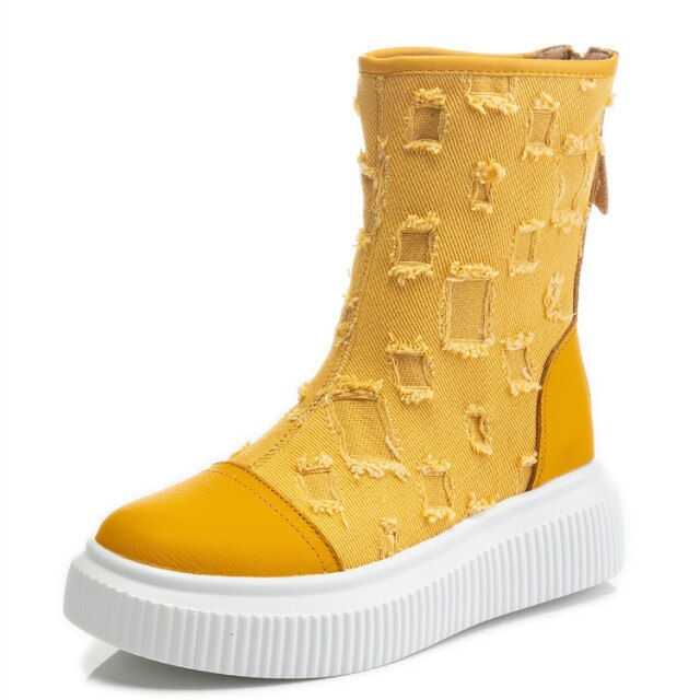 牛革厚底ブーツ キャンバス 通気性 レディースブーツ