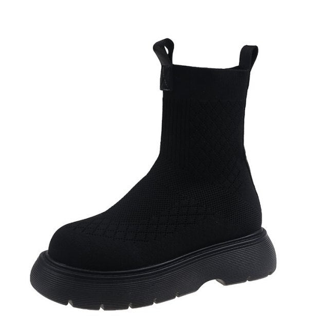 Thick-Sole Knit Sock Motorcycle Boots