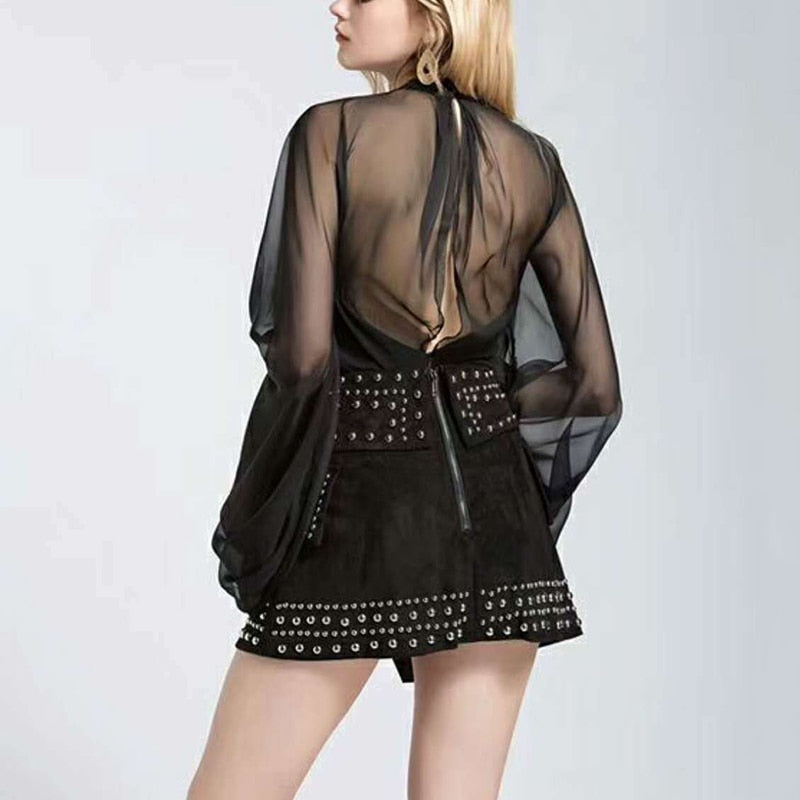 Bowknot Chiffon Blouse Shirt Women Tulle Transparent Sexy Tops