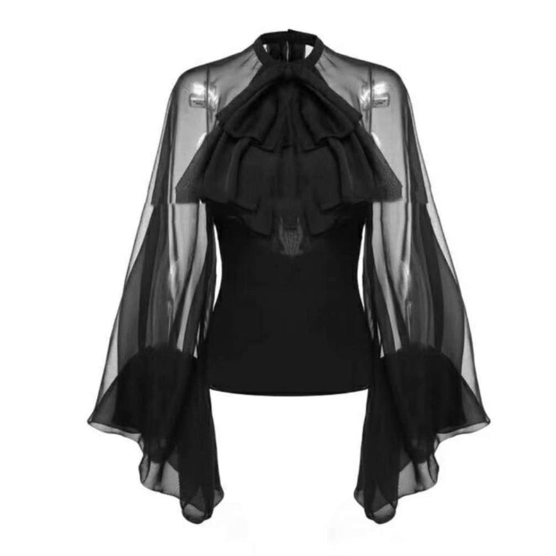 Bowknot Chiffon Blouse Shirt Women Tulle Transparent Sexy Tops