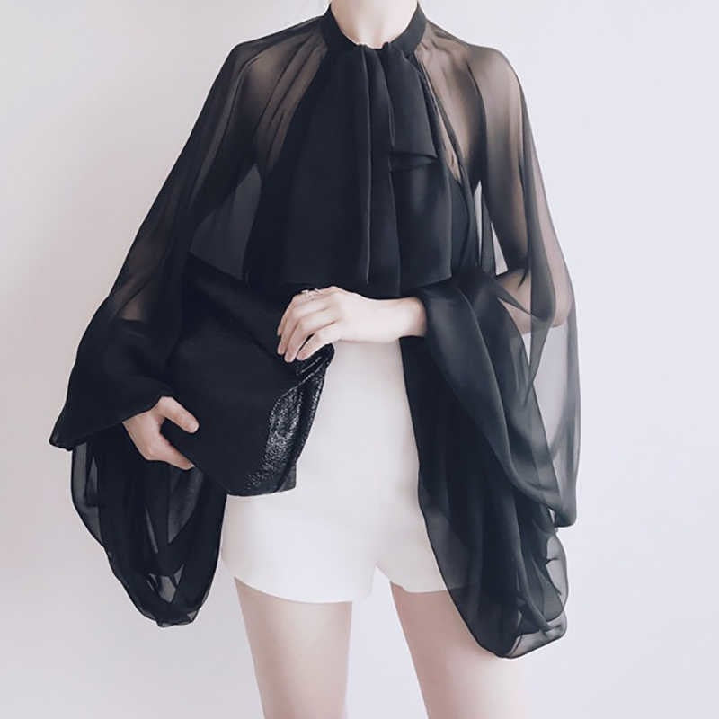 Bowknot Chiffon Blouse Shirt Women Tulle Transparent Sexy Tops