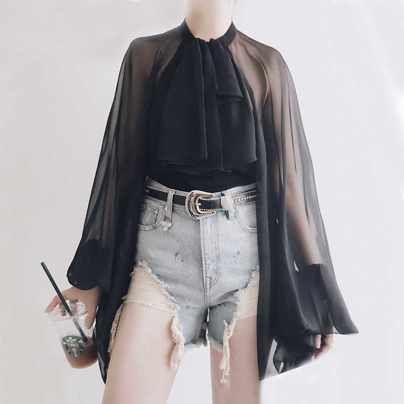 Bowknot Chiffon Blouse Shirt Women Tulle Transparent Sexy Tops