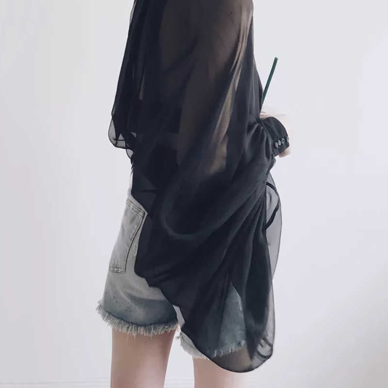 Bowknot Chiffon Blouse Shirt Women Tulle Transparent Sexy Tops