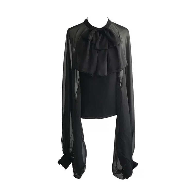 Bowknot Chiffon Blouse Shirt Women Tulle Transparent Sexy Tops