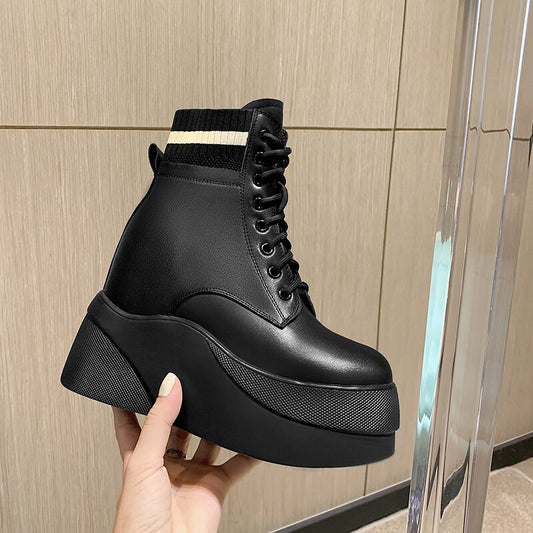 女性用足首底厚手牛革チェルシースノーブーツ