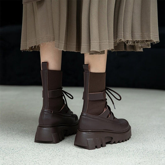 レースアップ アンクルブーツ プラットフォーム スクエアヒール 女性