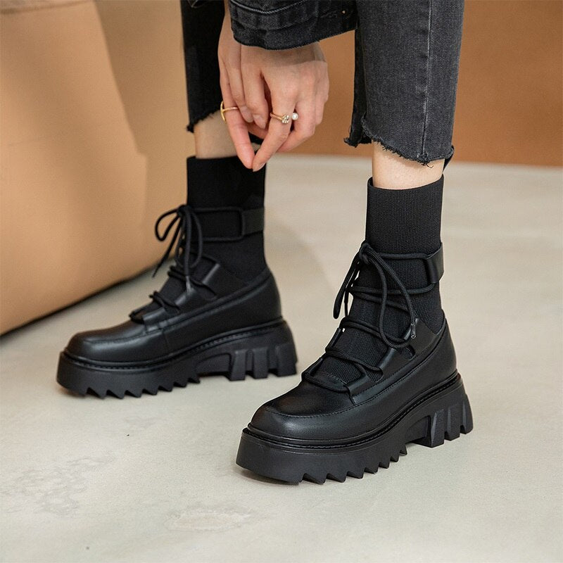 レースアップ アンクルブーツ プラットフォーム スクエアヒール 女性