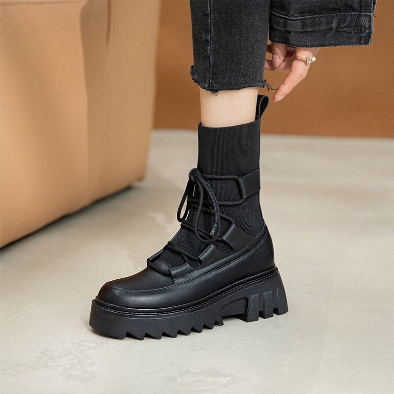 レースアップ アンクルブーツ プラットフォーム スクエアヒール 女性