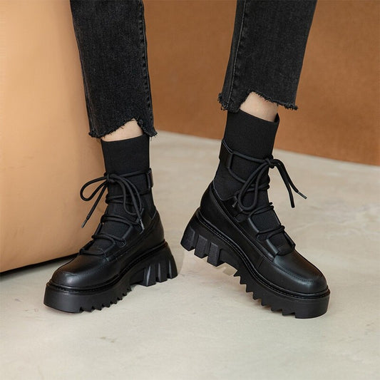 レースアップ アンクルブーツ プラットフォーム スクエアヒール 女性