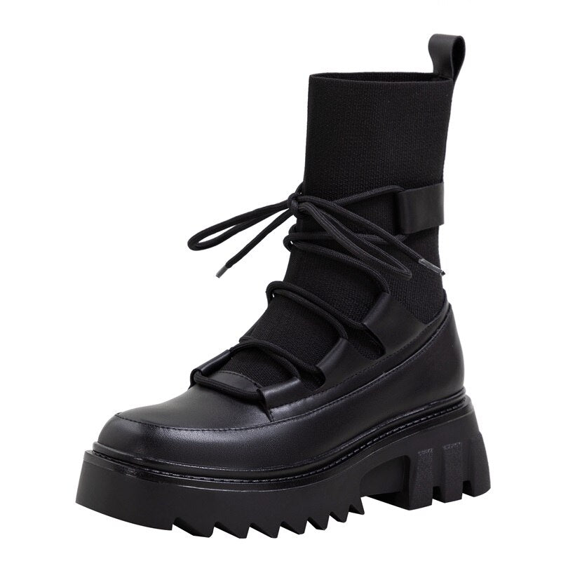 レースアップ アンクルブーツ プラットフォーム スクエアヒール 女性