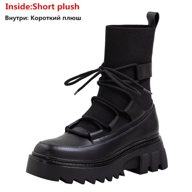 レースアップ アンクルブーツ プラットフォーム スクエアヒール 女性