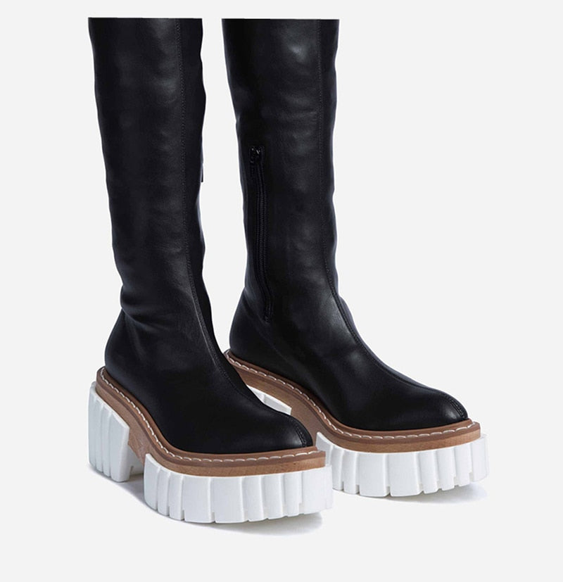 Women Square High Heels Thigh High Boots