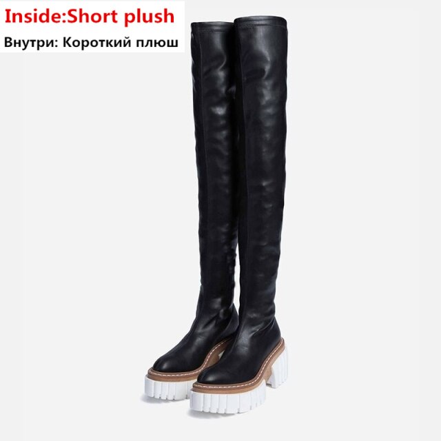 Women Square High Heels Thigh High Boots
