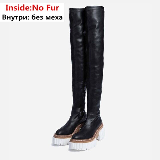 Women Square High Heels Thigh High Boots