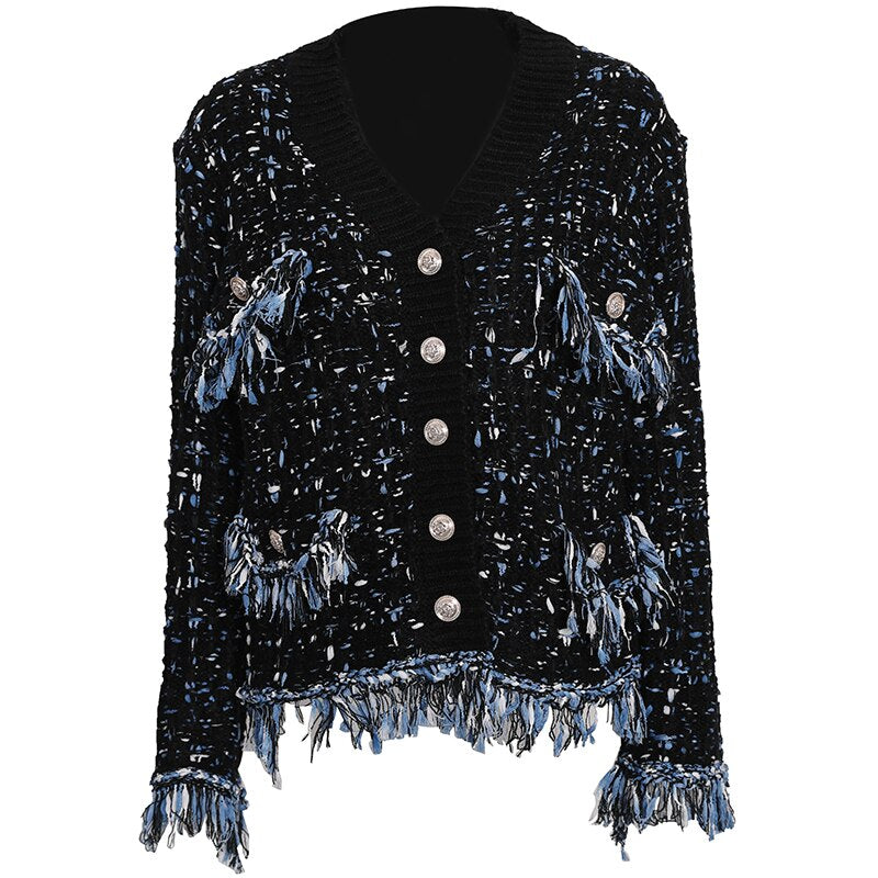 Korea Chic Tassel Wool Mixed Color Knitted  Sweater Coat