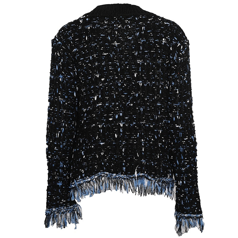 Korea Chic Tassel Wool Mixed Color Knitted  Sweater Coat