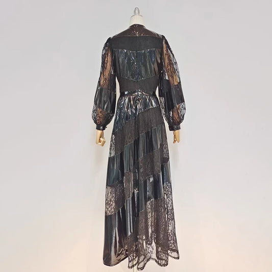 レディース用ブラックレースパネルドレス Vネック ランタンスリーブ