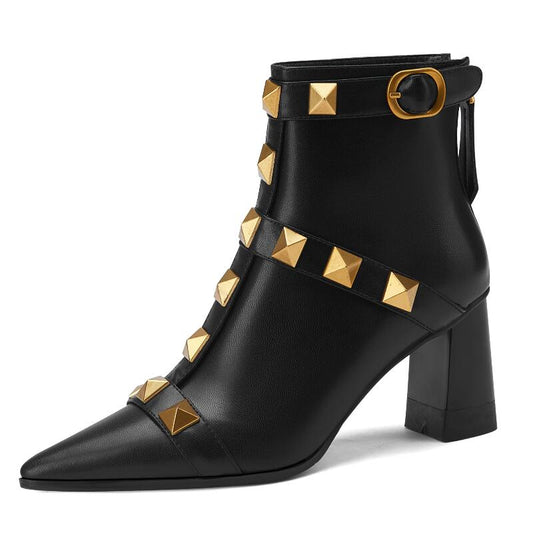 レディース 本革 厚底ヒール リベット ショートブーツ